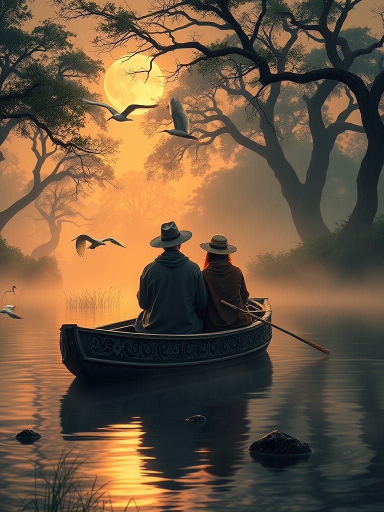Serene Nighttime Fishing Scene in a Fantastical Setting
