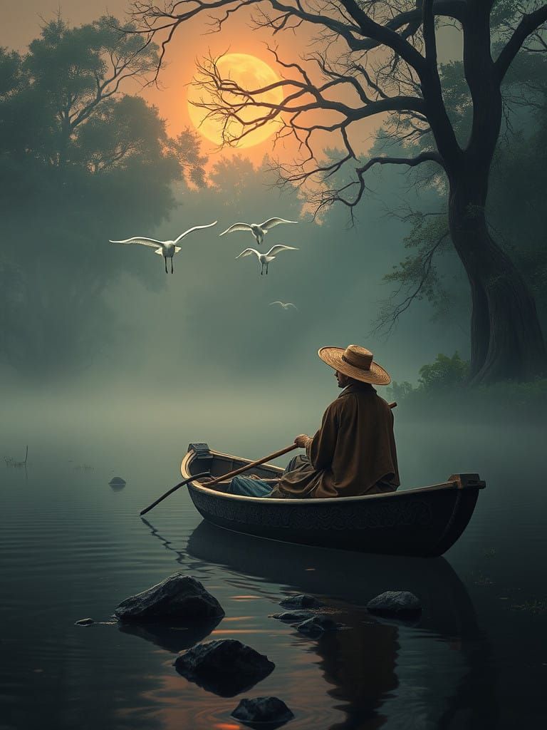 Serene Fishing Scene in Mystical Sunset