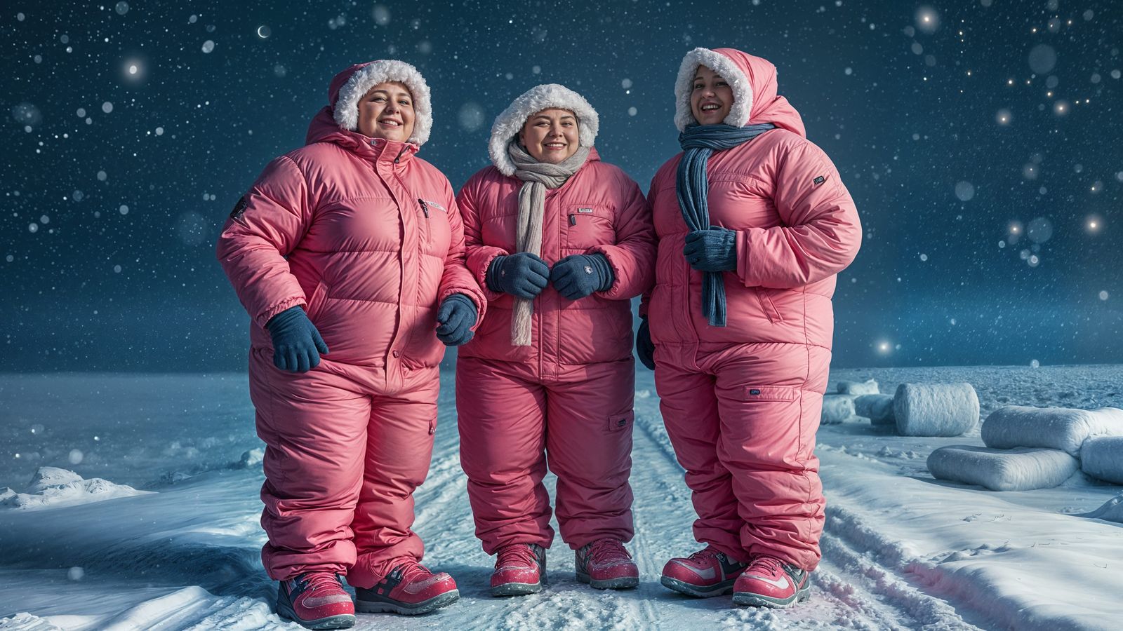 Arctic Blizzard: Three Women in Pink Snowsuits