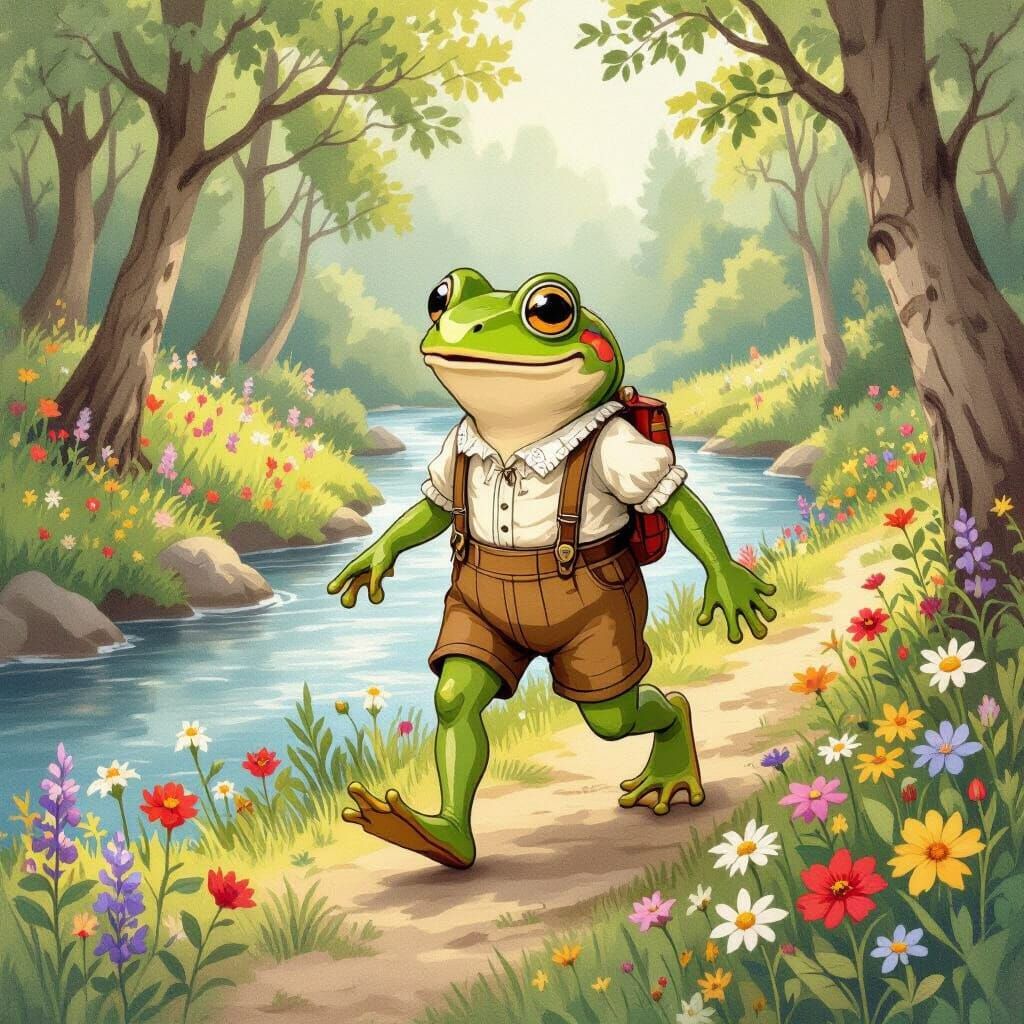 Frog in Lederhosen by Serene River, Storybook Style