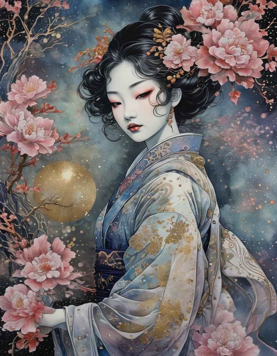 Ethereal Ghostly Ukiyo-e Alcohol Ink Pointillism