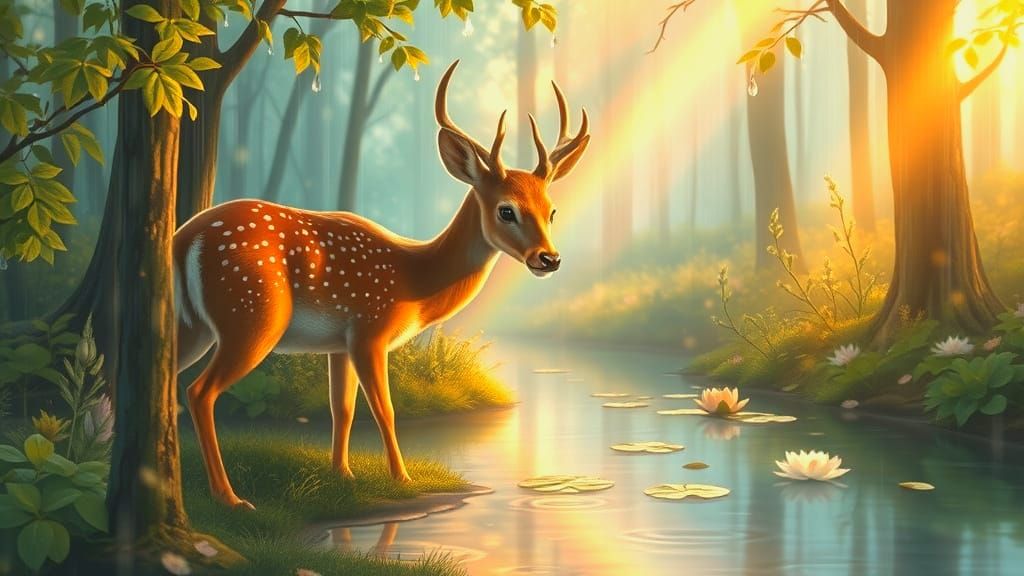 Whimsical Spring Forest Scene with Deer