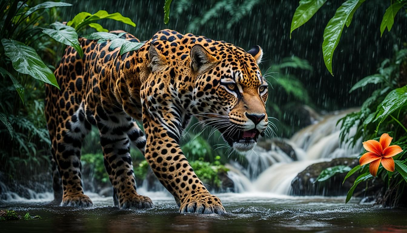 Jaguar Drinking in Rainforest: Cinematic Wildlife Photograph...