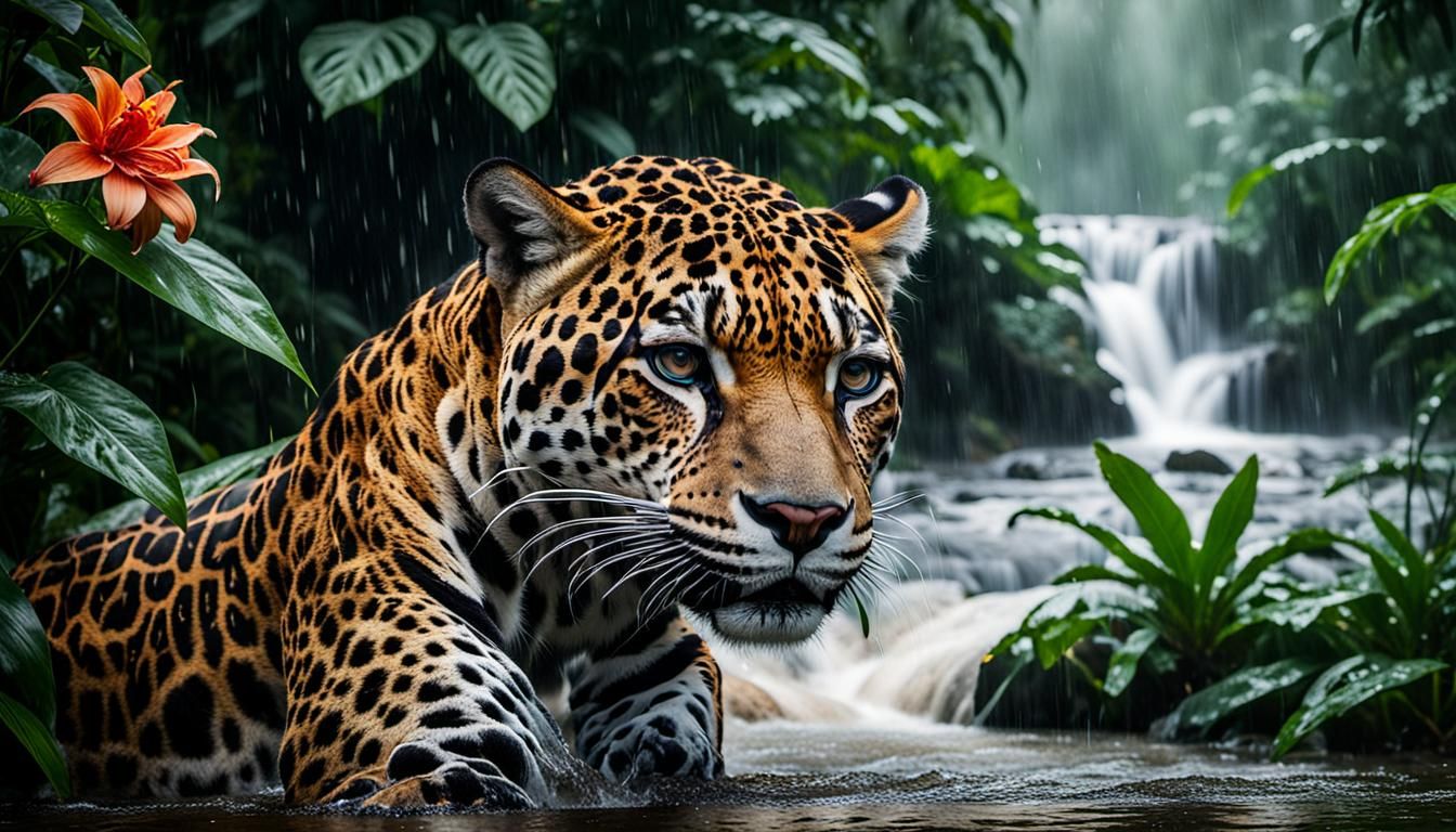 Jaguar Drinking in Rainy Season: Wildlife Photography