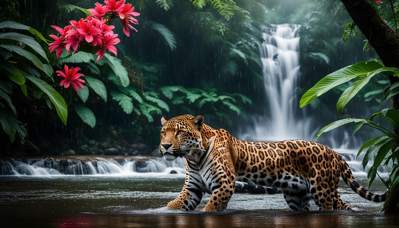 Jaguar Drinks in Rainy Season: Cinematic Wildlife Photo