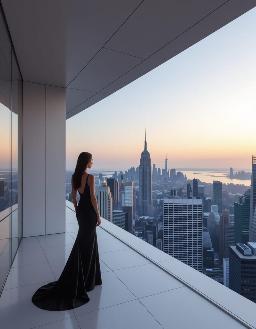 Woman on Balcony Overlooking Futuristic City at Dawn