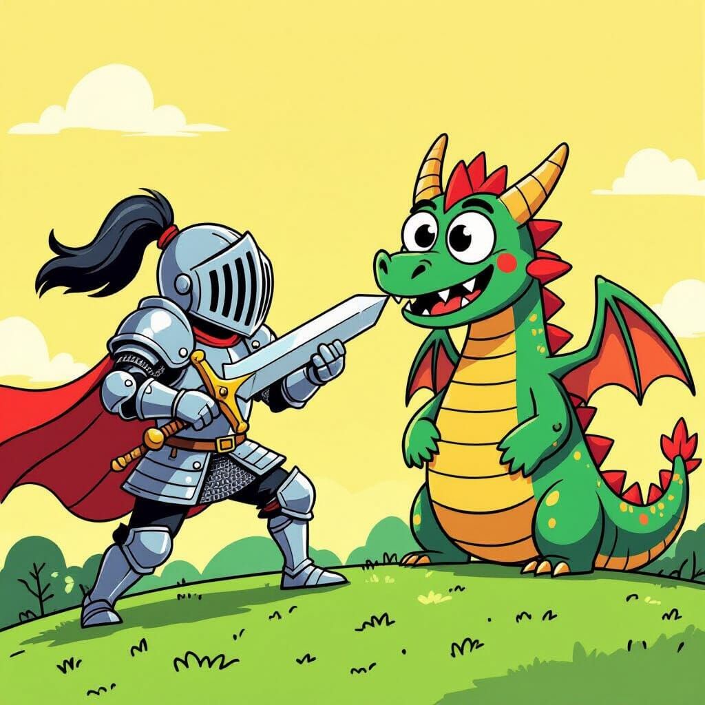 Cartoon Knight Versus Goofy Dragon in Animated Style