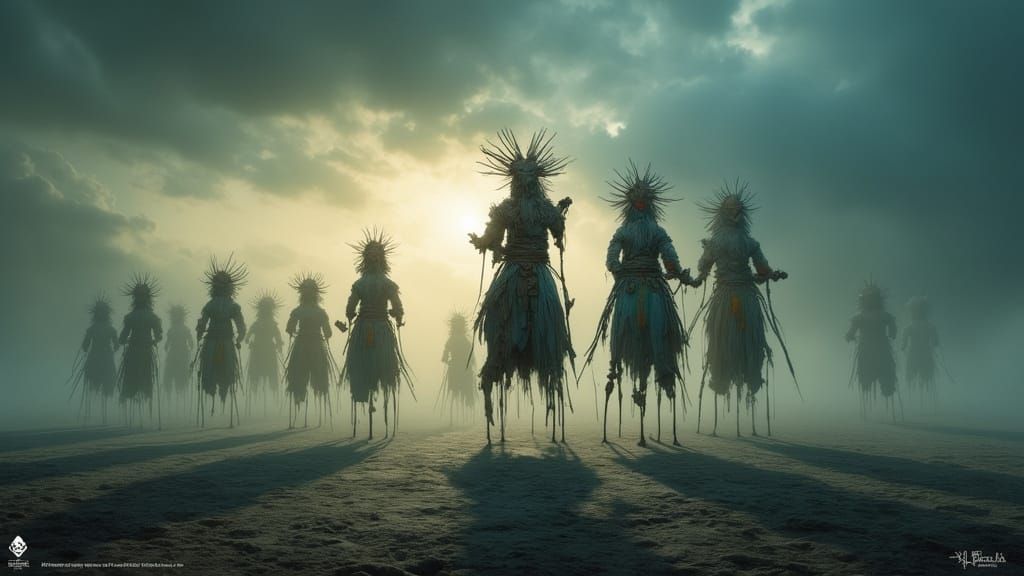 Surreal Stilt Walker Procession Under Stormy Sky