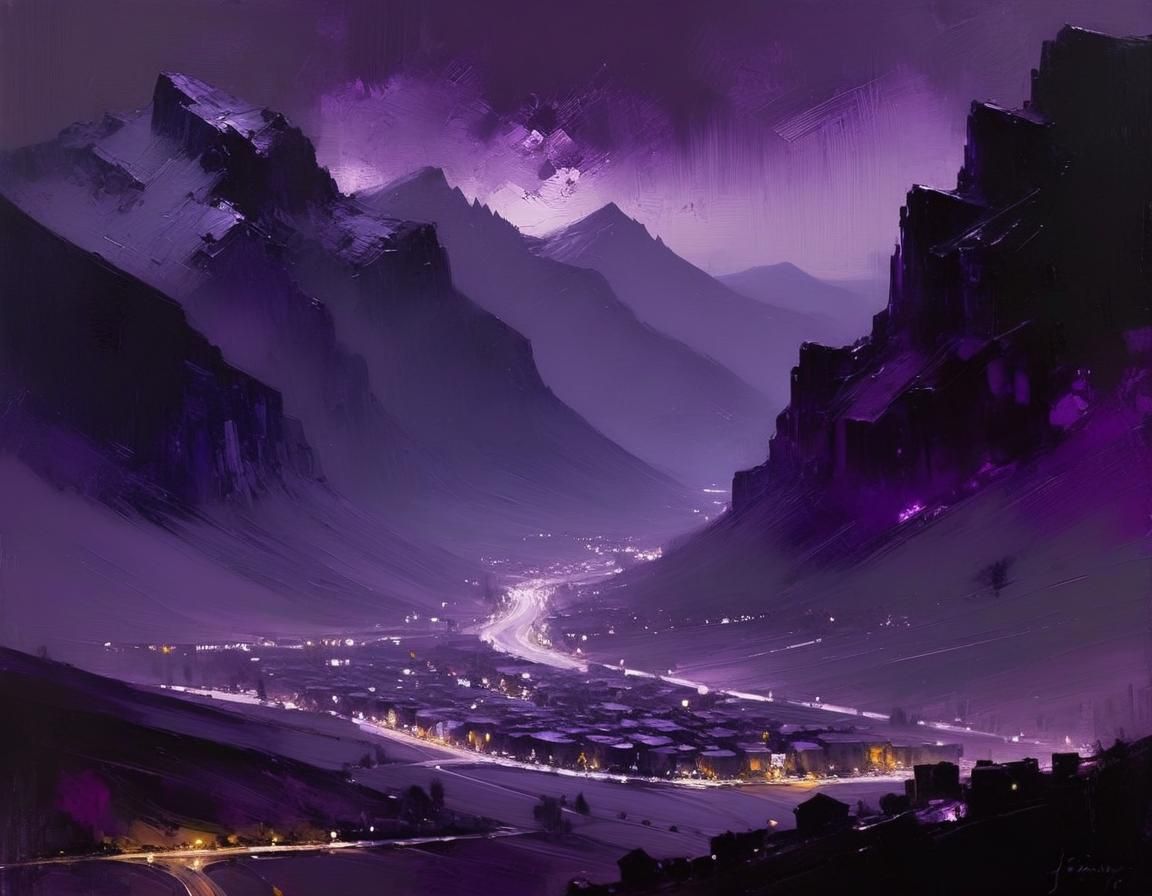 Purple Midnight City Valley in Oil Painting Style