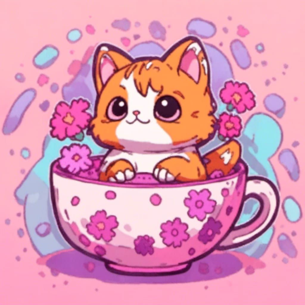 Adorable 3D Cat in Cup: Kawaii Art