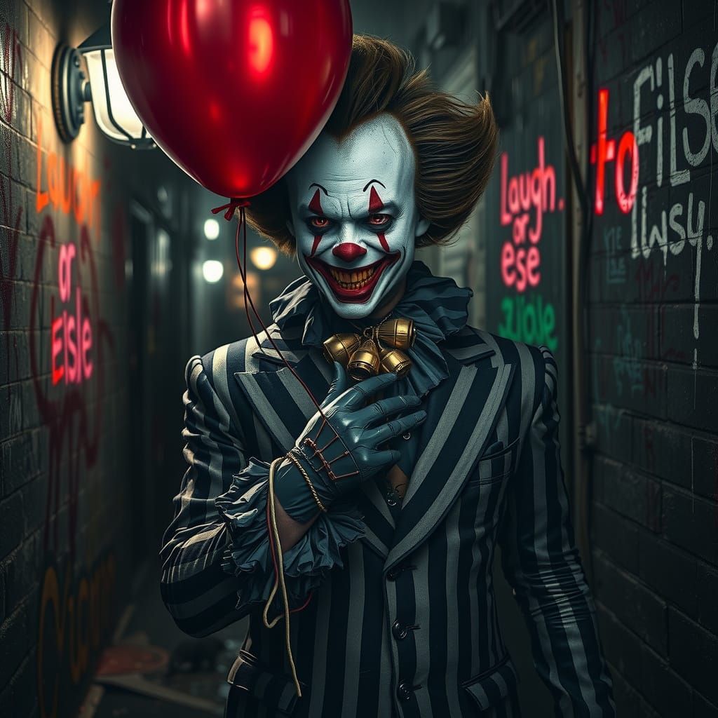 Surreal Clown in Dark Alleyway, Inspired by Beksiński and Gi...