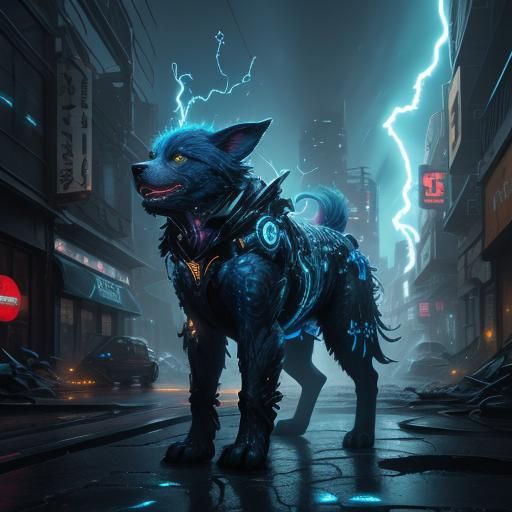 Mystical Electricity Dog in Ruined City, Anime Art