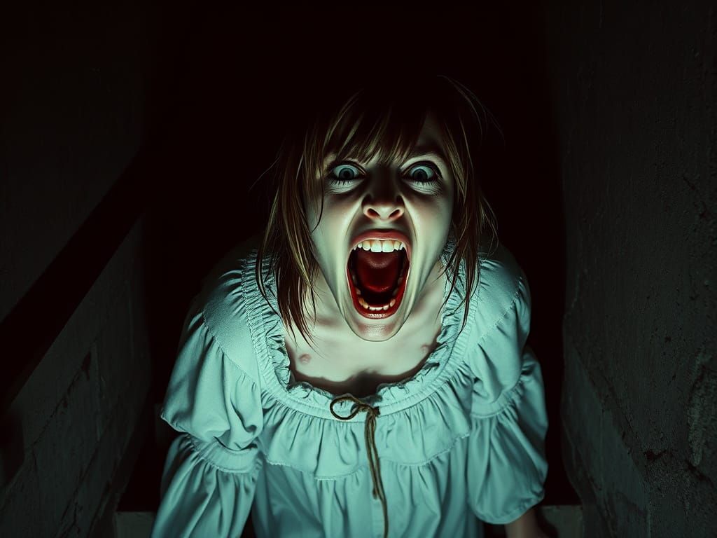 Distorted Woman Screaming in Dimly Lit Cellar