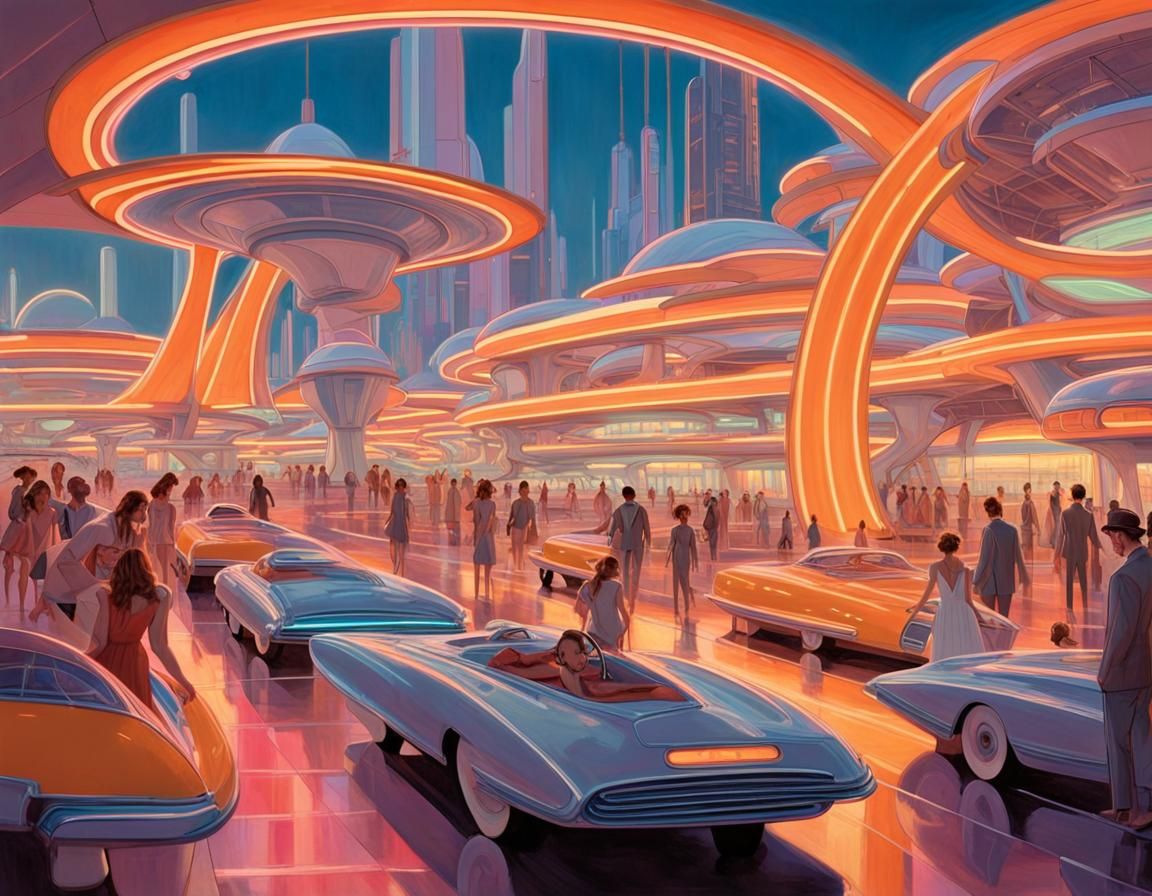Retrofuturistic Theme Park at Sunset in Streamline Moderne S...