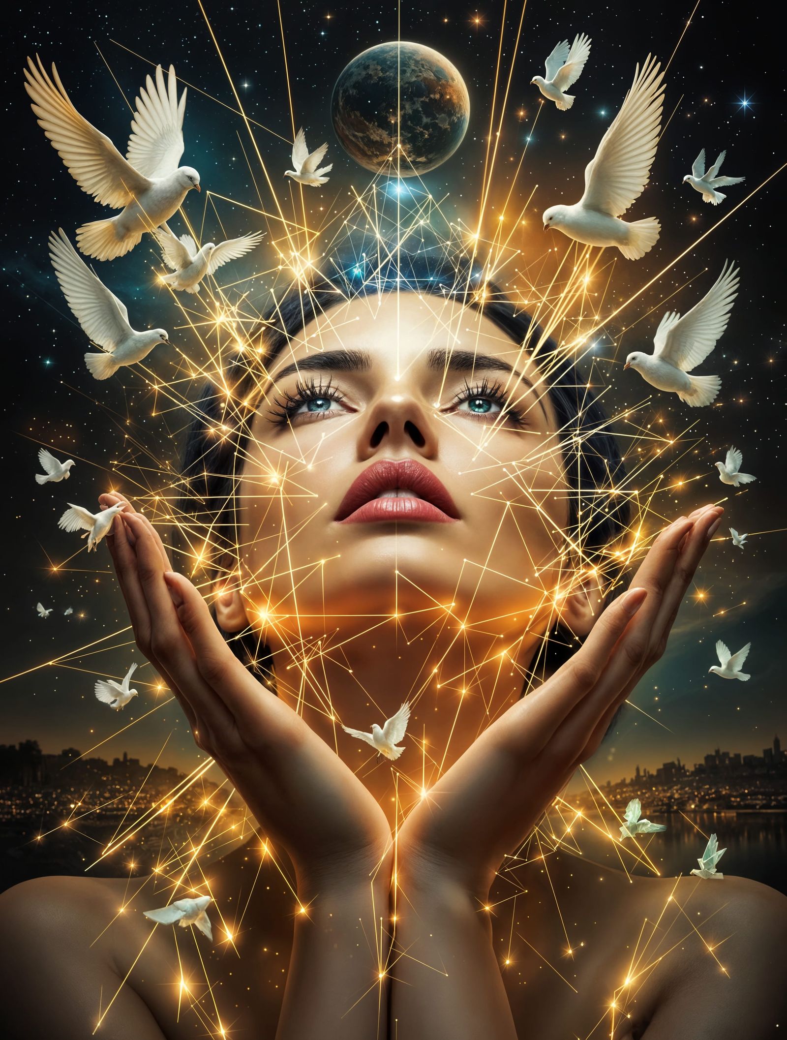 Surreal Woman Awakens with Vibrant Golden Light and Geometri...