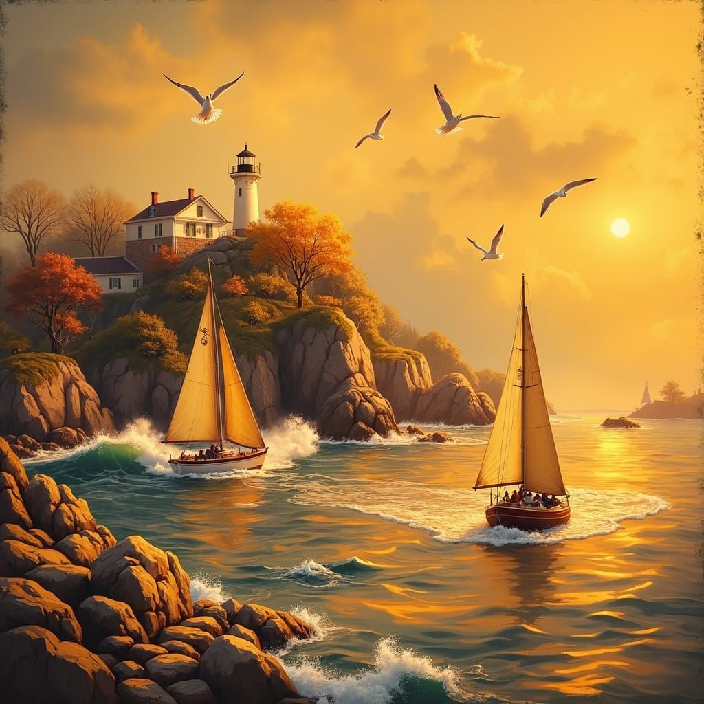Sailboats Navigate Rocky Coastline in Warm, Inviting Autumn ...