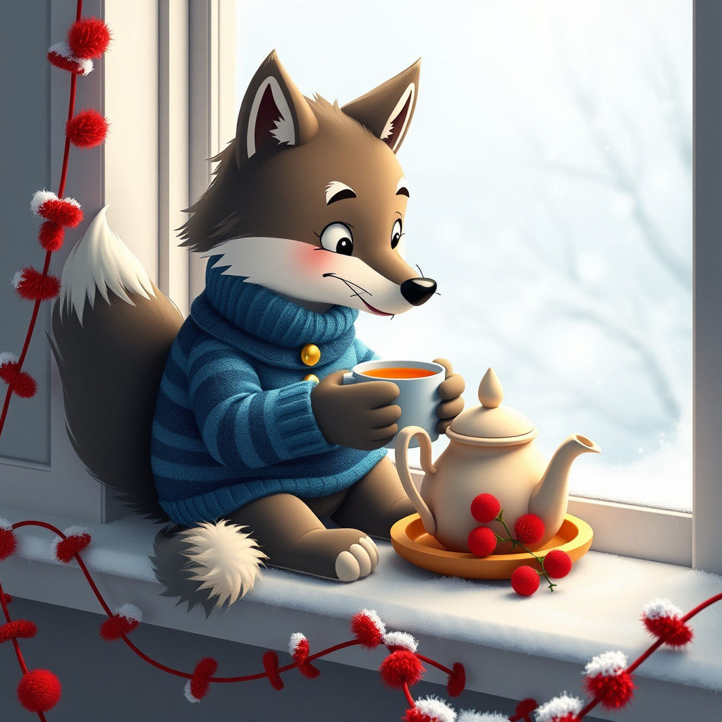 Cartoon Wolf's Winter Tea Party