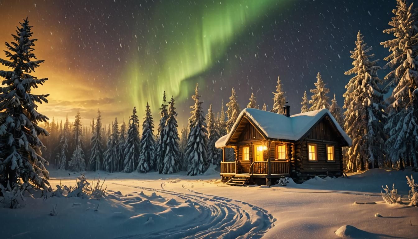 Surreal Winter Cabin Amidst Stormy Aurora