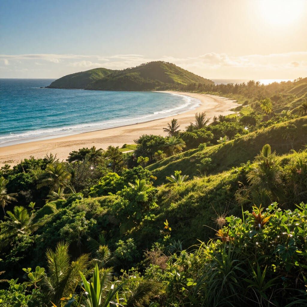 Lush Island Paradise with Radiant Sun and Sparkling Ocean