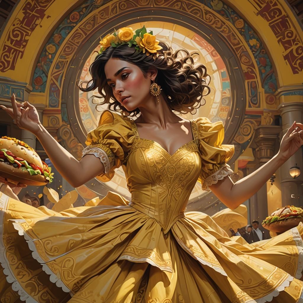 Spanish Girl Dances on Taco in Art Nouveau Style