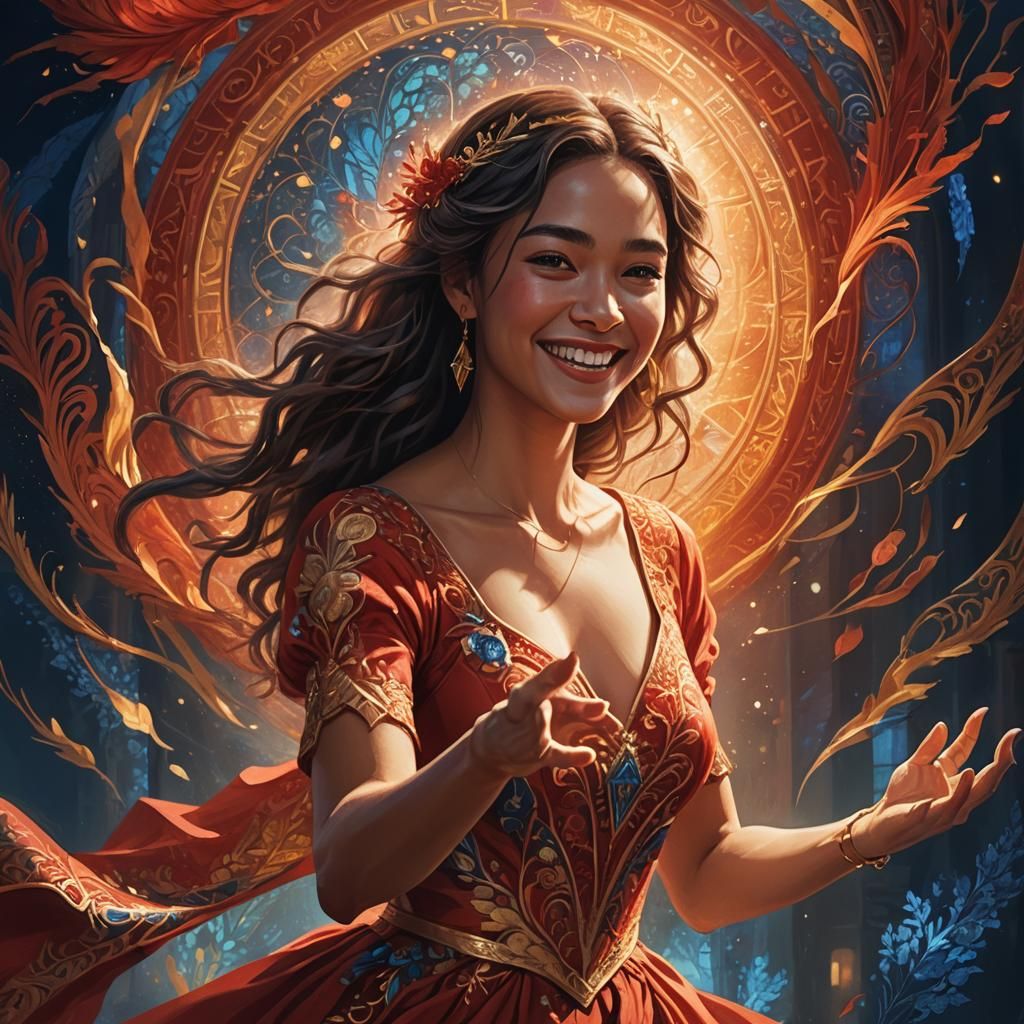 Fantasy Portrait: Woman in Red Dress with Golden Light