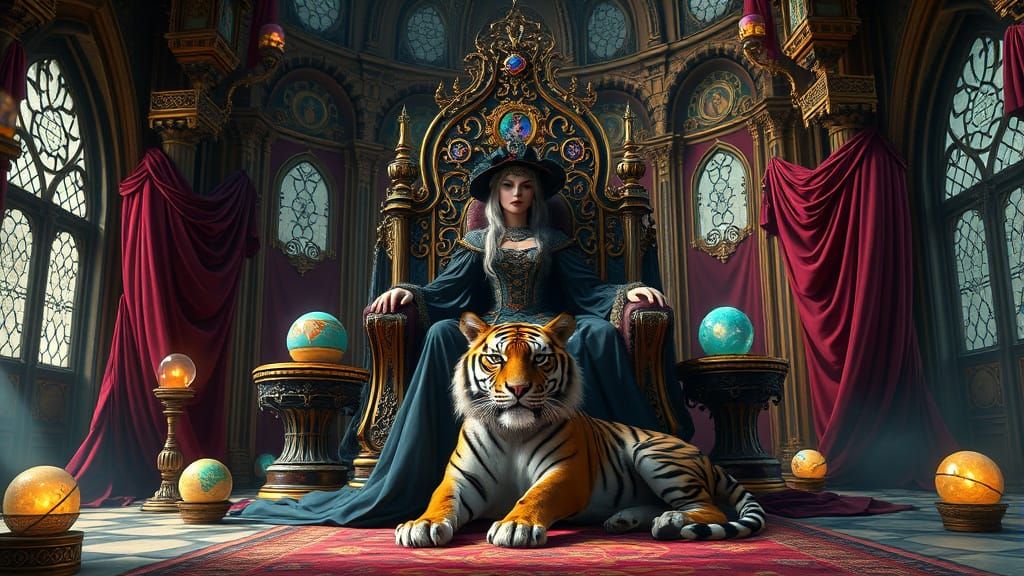 Regal Wizard Queen Sits Majestically on Gothic Throne with S...