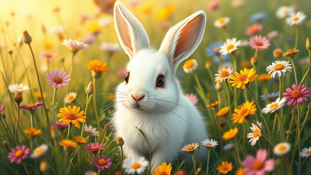 Whimsical White Rabbit in a Lush Garden Scene