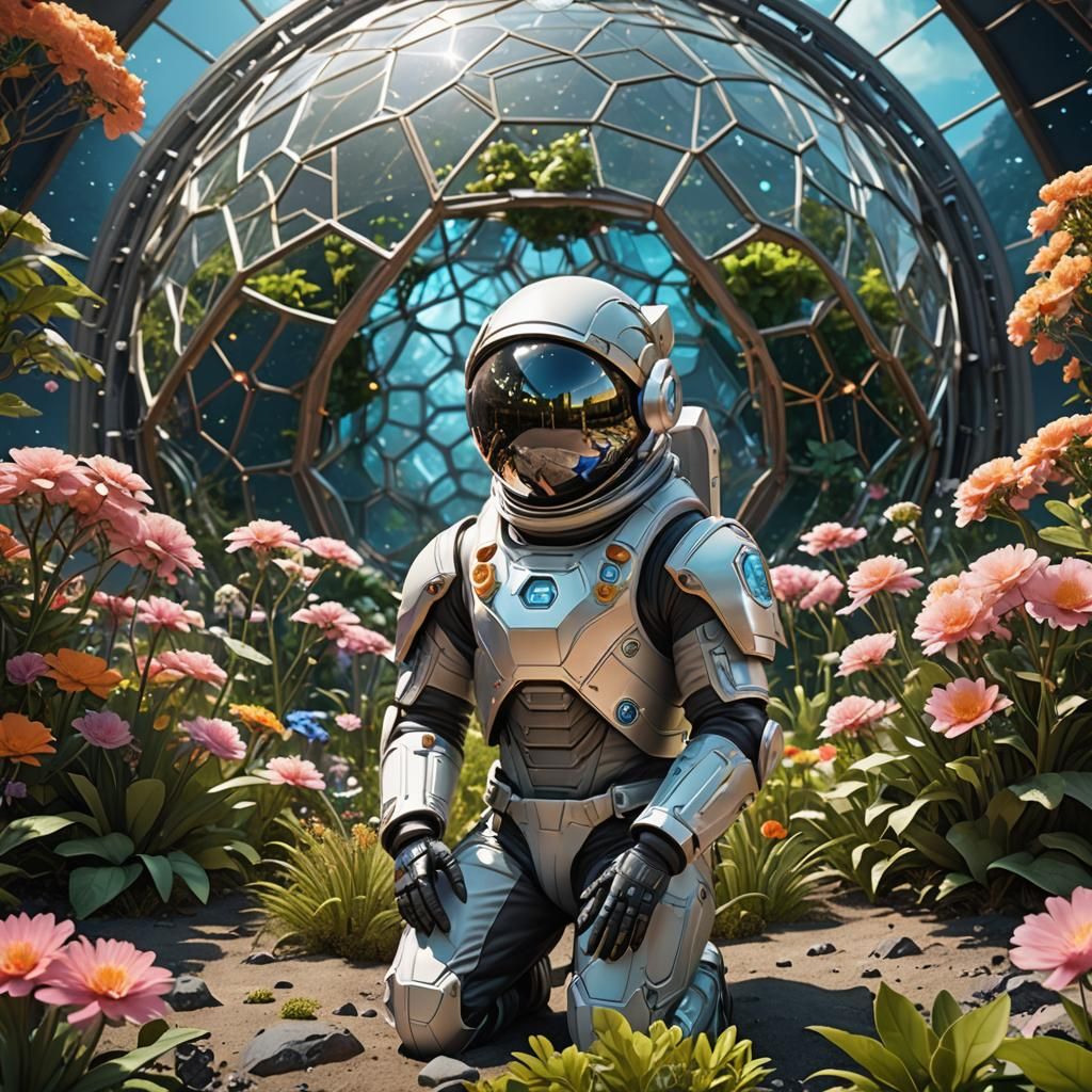 Astronauts in Lunar Geodesic Dome Garden: Anime 3D Art