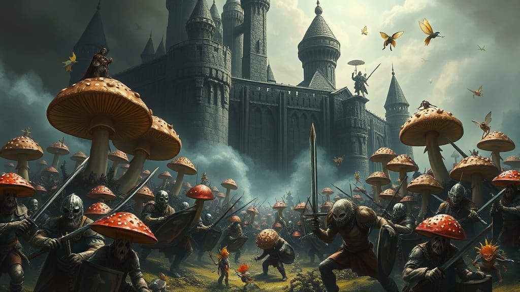 Epic Fungal Battle in Dark Fantasy Castle