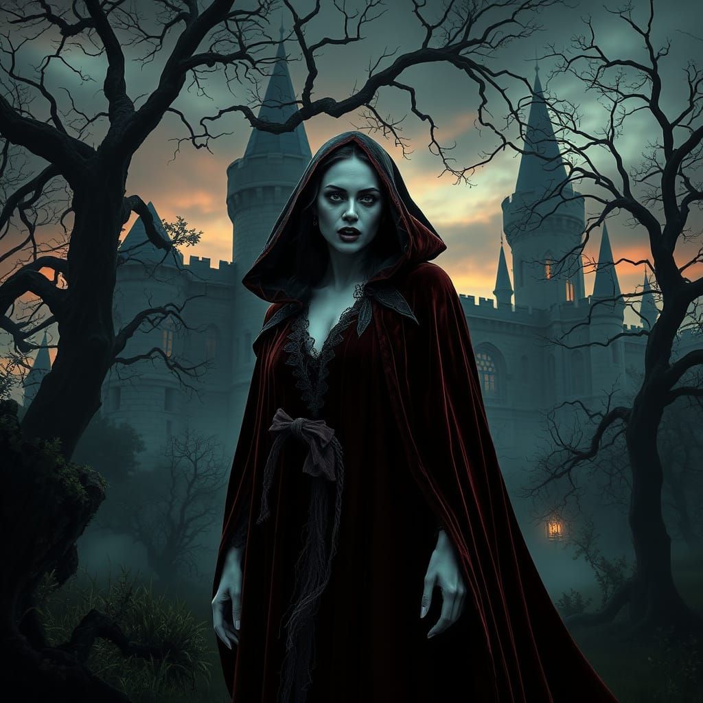Gothic Vampire Maiden in Moonlit Castle Shadows
