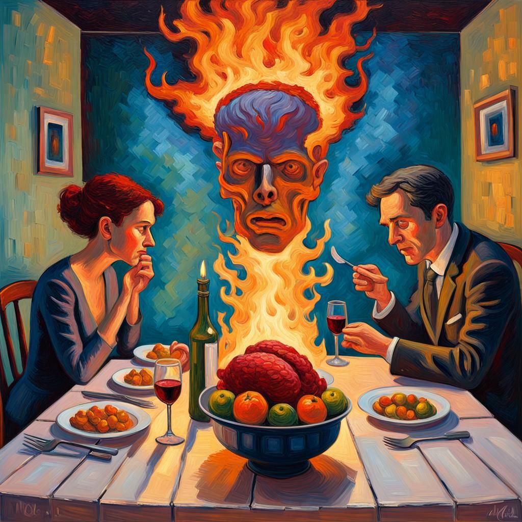 Flaming Head Dinner in Expressionist Oil Painting