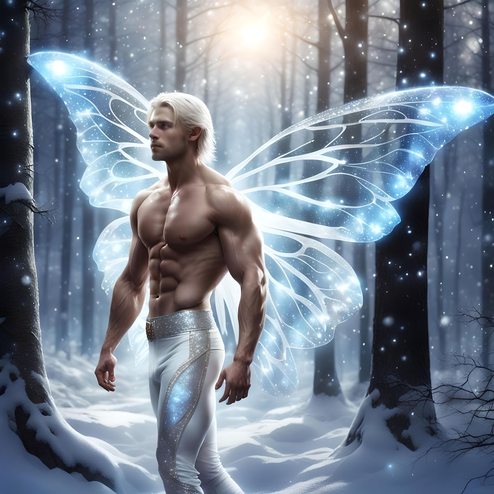 Ethereal Elf with Butterfly Wings in Snowy Forest