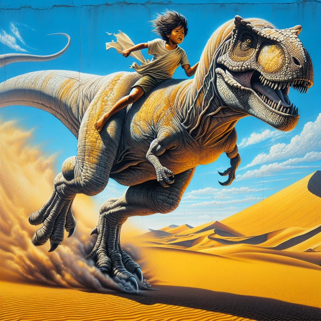 Boy Rides T-Rex in Surreal Desert Mural