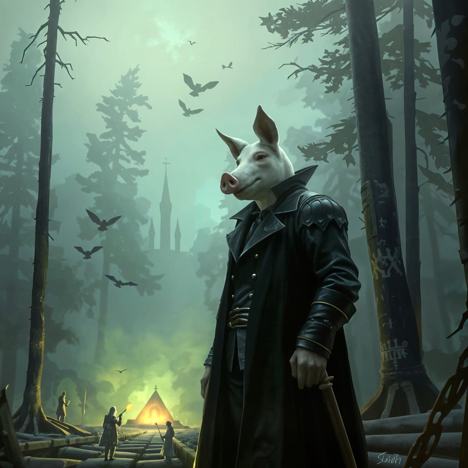 Pig-Headed Man in Gothic Cathedral, Sinister Art