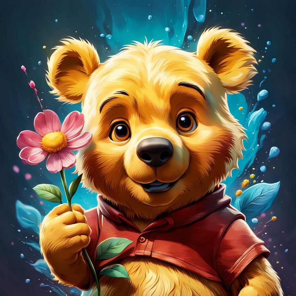Cartoon Winnie the Pooh bear holding a flower