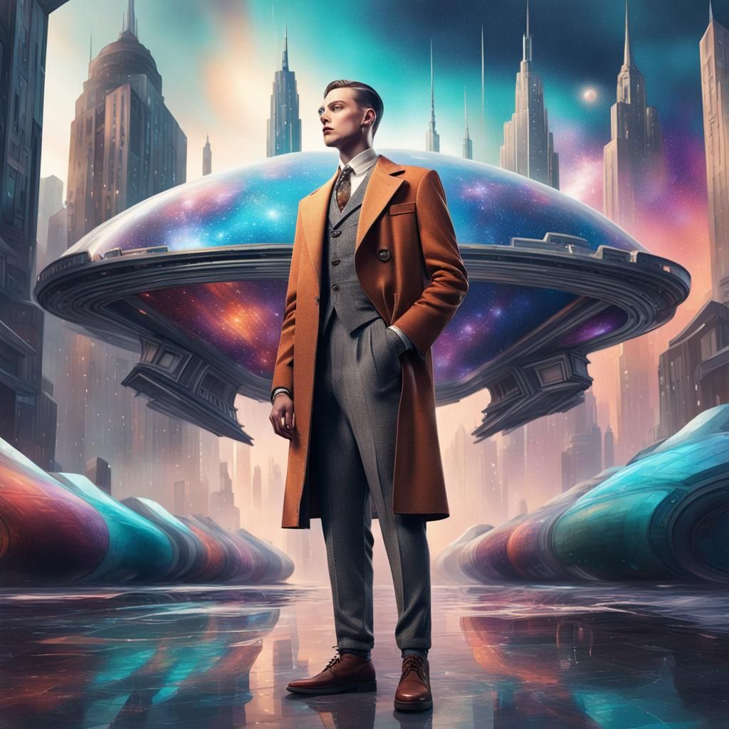 1920s Man in Futuristic Cityscape Splash Art