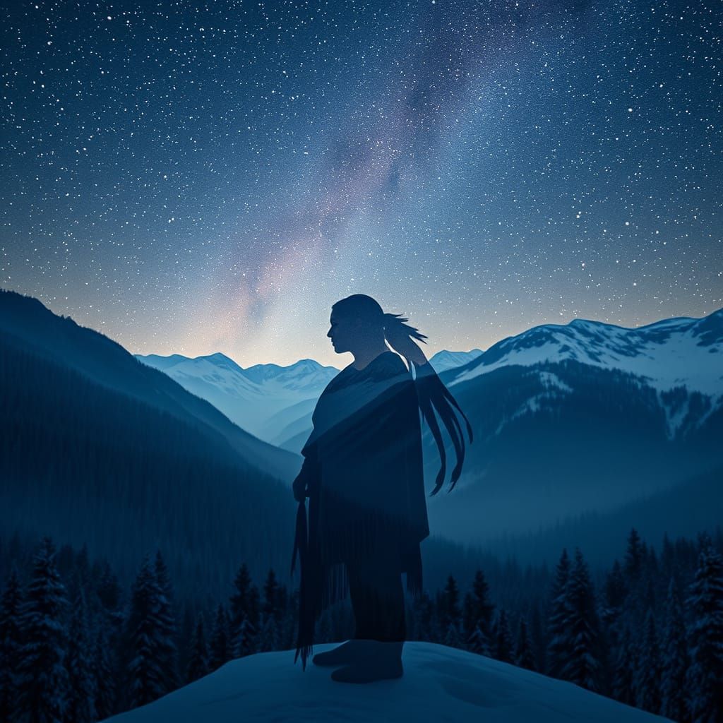 Dreamlike Double Exposure: Woman, Stars, and Snowy Mountains