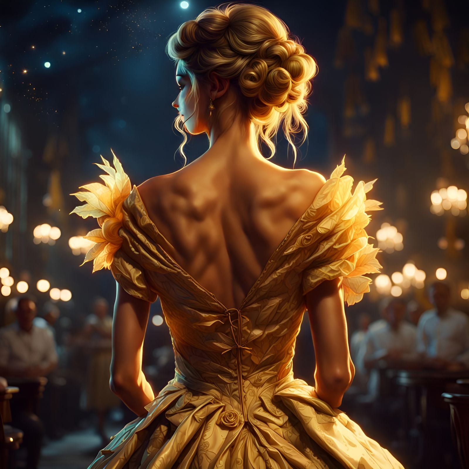 Moonlit Bride in Golden Dress, Digital Art