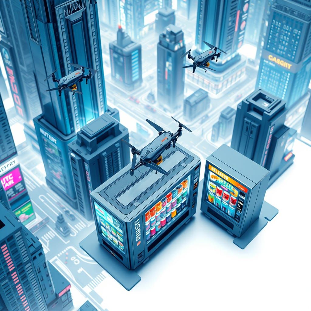 Futuristic Metropolis: Drones Replenishing Vending Machines
