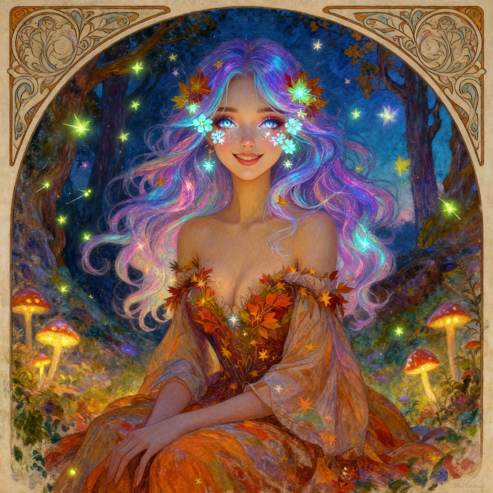 Whimsical Autumn Woman with Iridescent Hair and Bioluminesce...