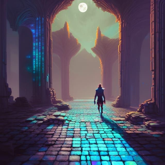 Sci-Fi Ruins with Blue Brick Road and Stone Heads