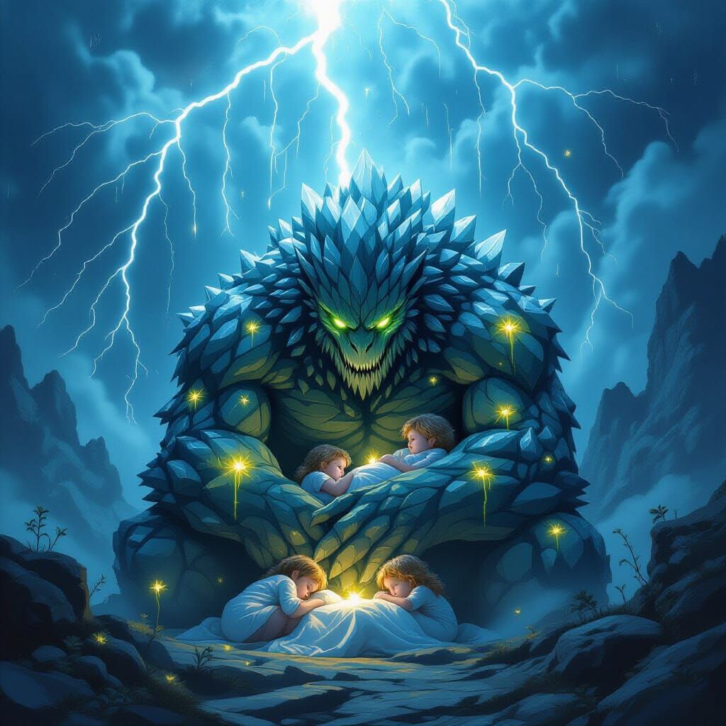 Crystalline Golem Protecting Children in Lightning Storm