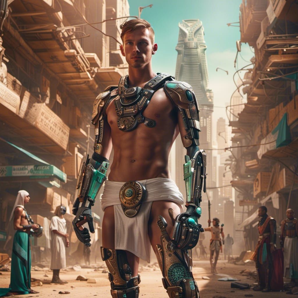 Cyborg in Egyptian Cyberpunk City, Hyperrealistic 8K
