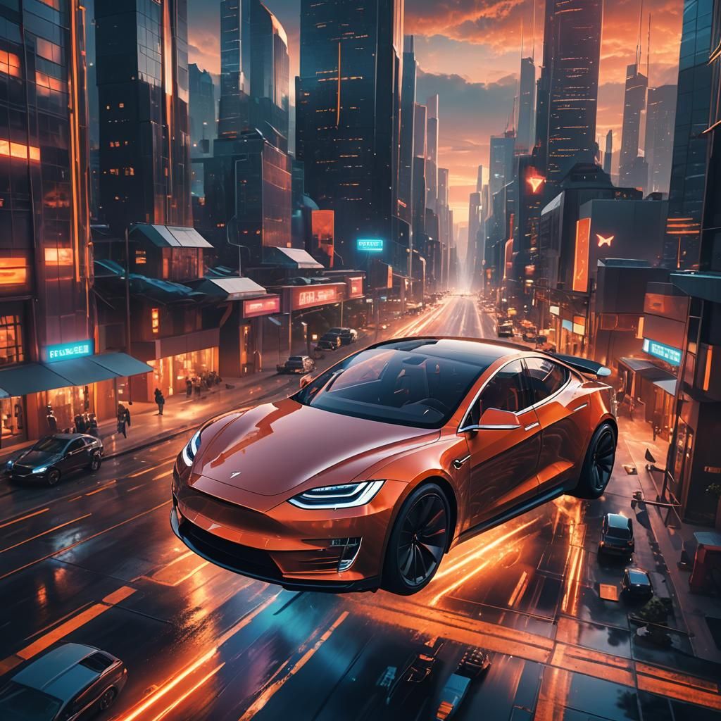 Tesla Flying Car Soars Through Futuristic City