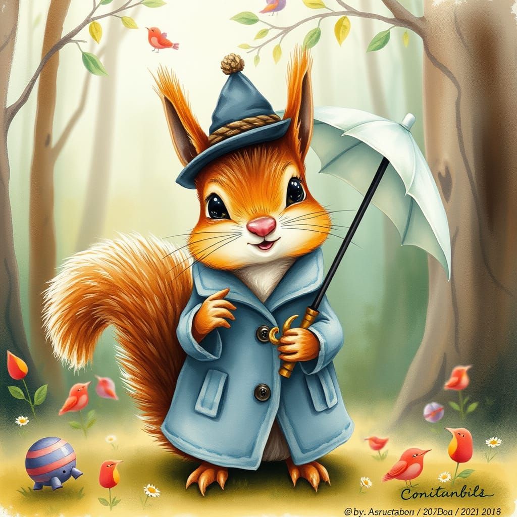 Squirrel in Hat with Umbrella, Watercolor Art