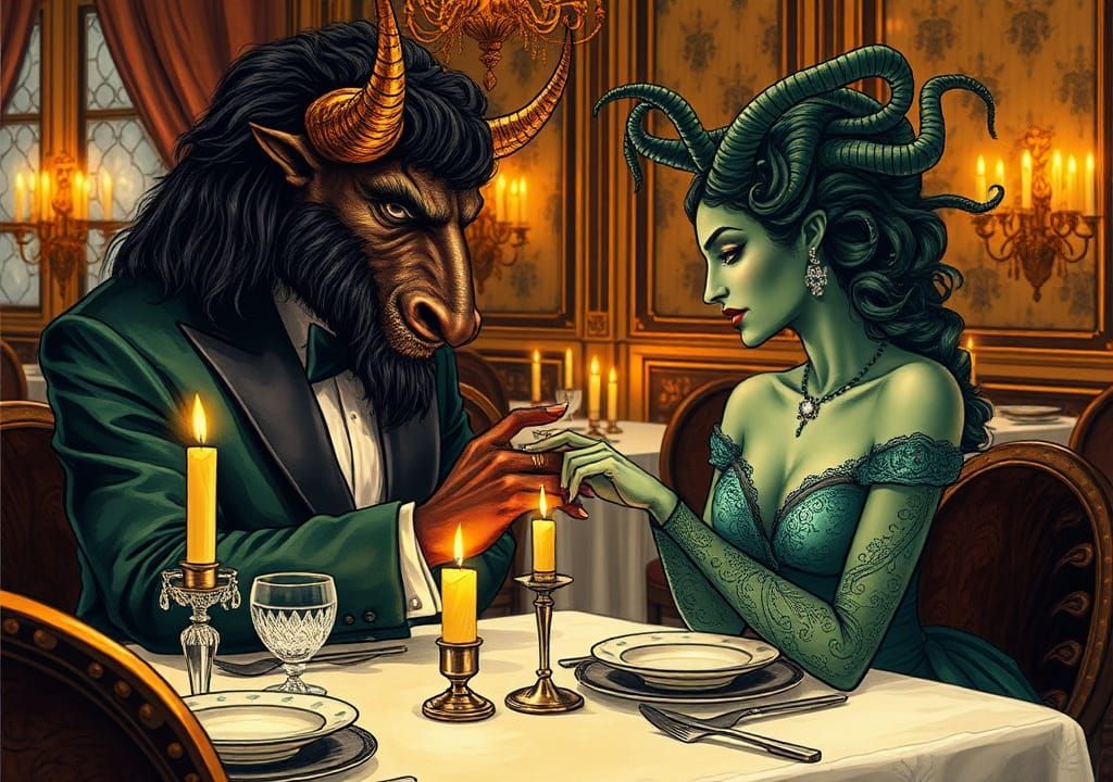 Minotaur Proposes to Medusa in Bemelmans Style