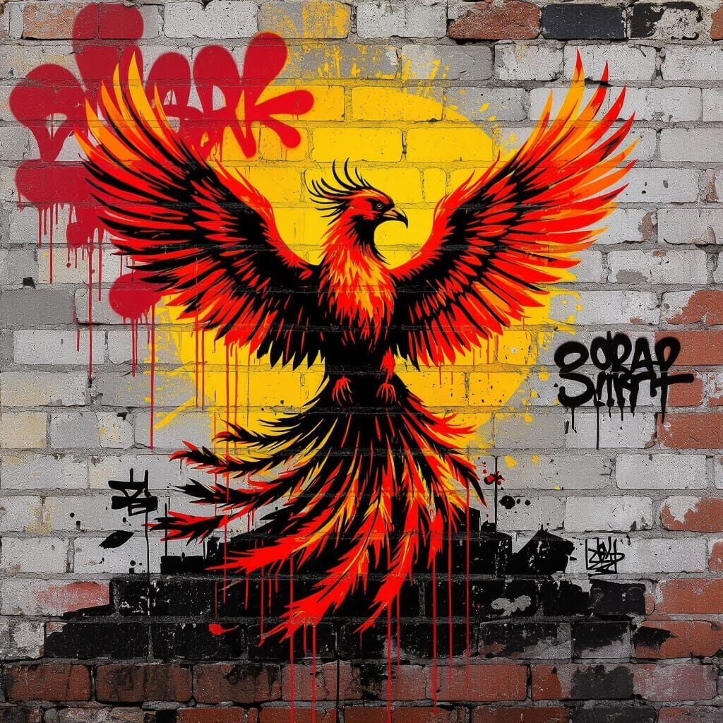 Phoenix Rising Graffiti Art on Brick Wall