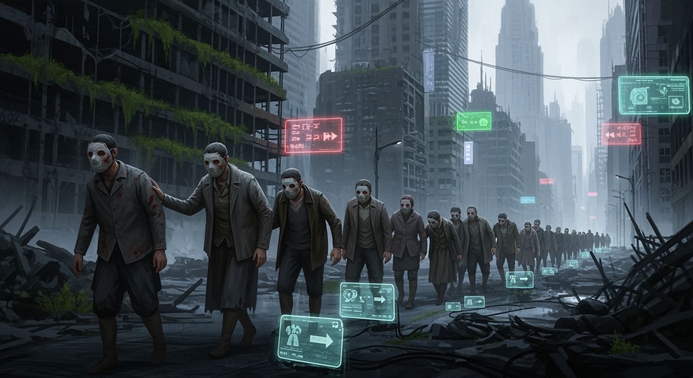 Figures in Masks Navigate Neon City Ruins, Impressionistic R...