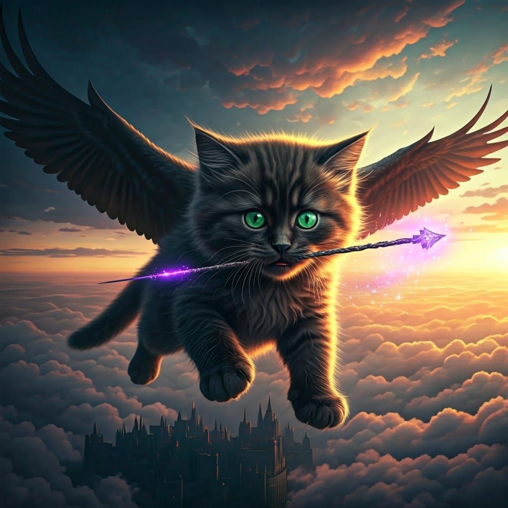 Majestic Eagle-Kitten Hybrid Soars with Magic Wand in Hand