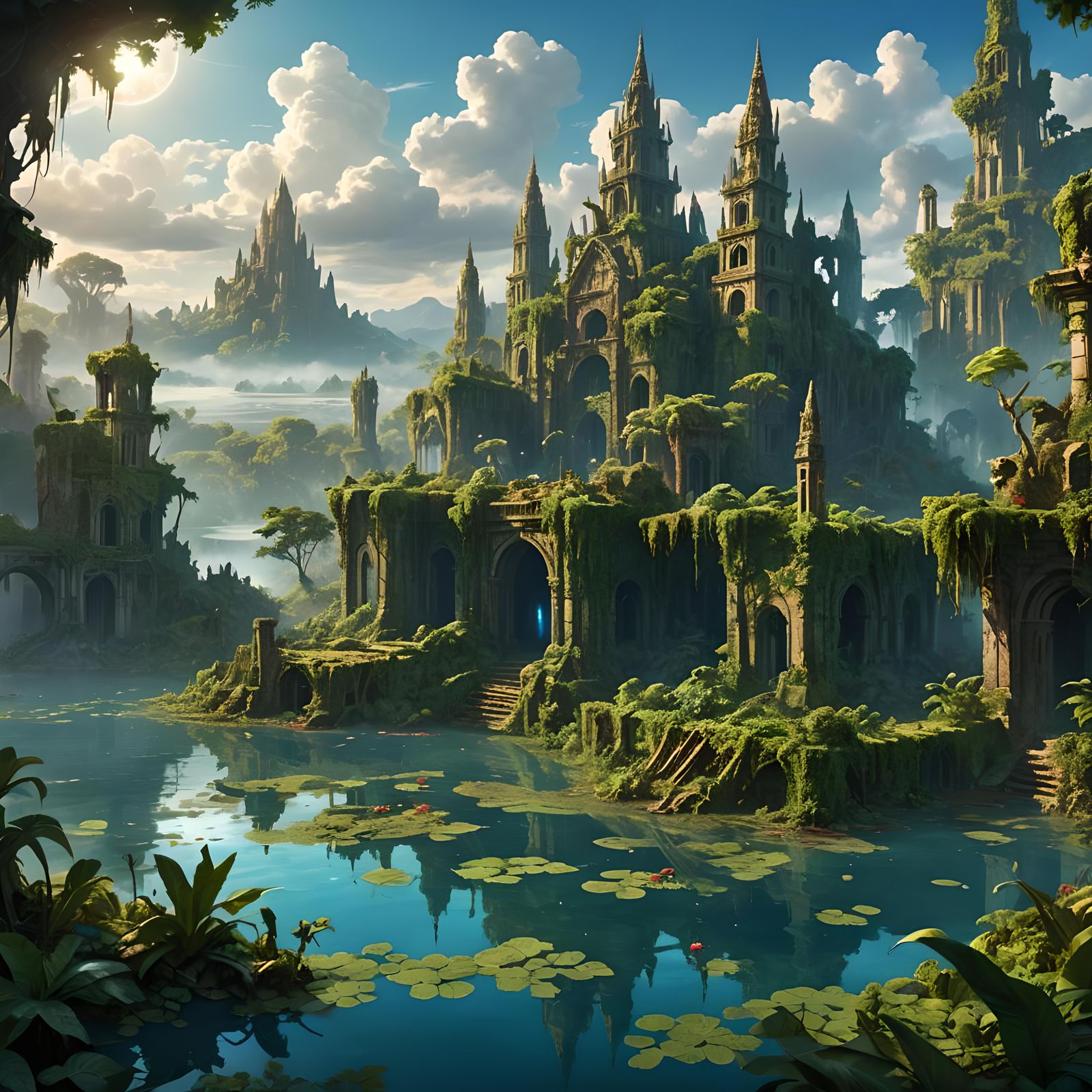 Post-Apocalyptic City Ruins in Jungle Lake